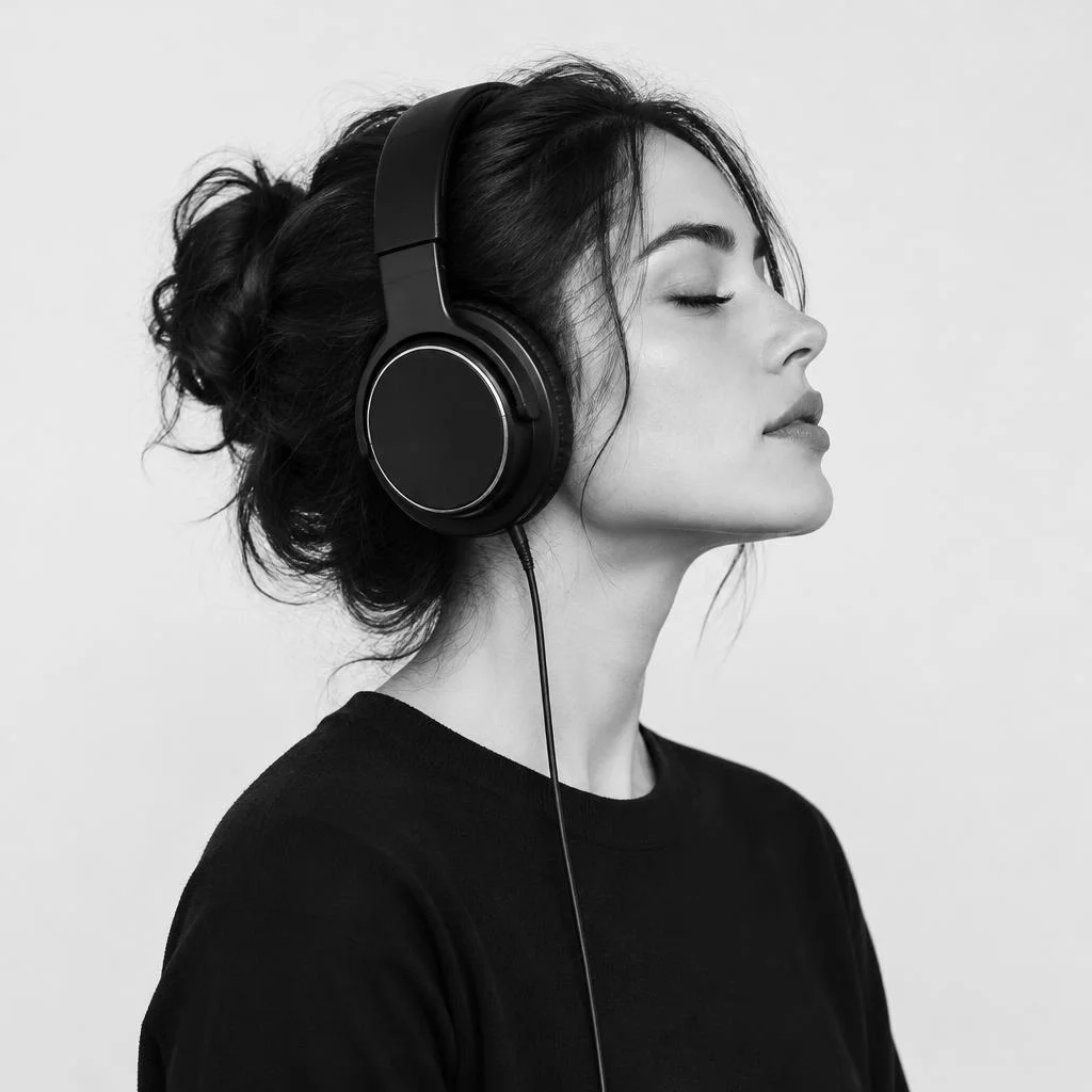 Singer wearing studio headphones, eyes closed in concentration